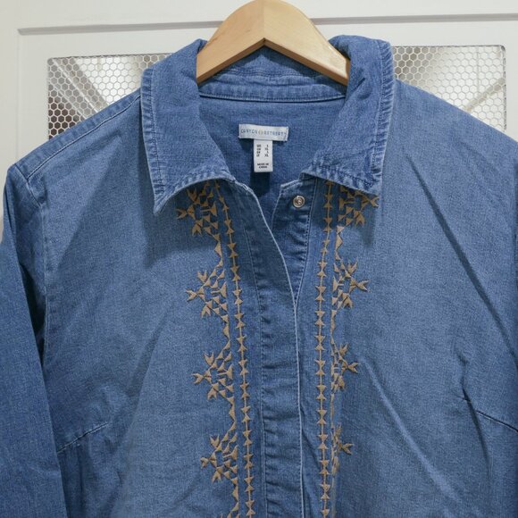 Canyon Retreat Blue Jean Jacket Shacket L Large Embroidered Dessert Boho Cotton - Picture 2 of 6
